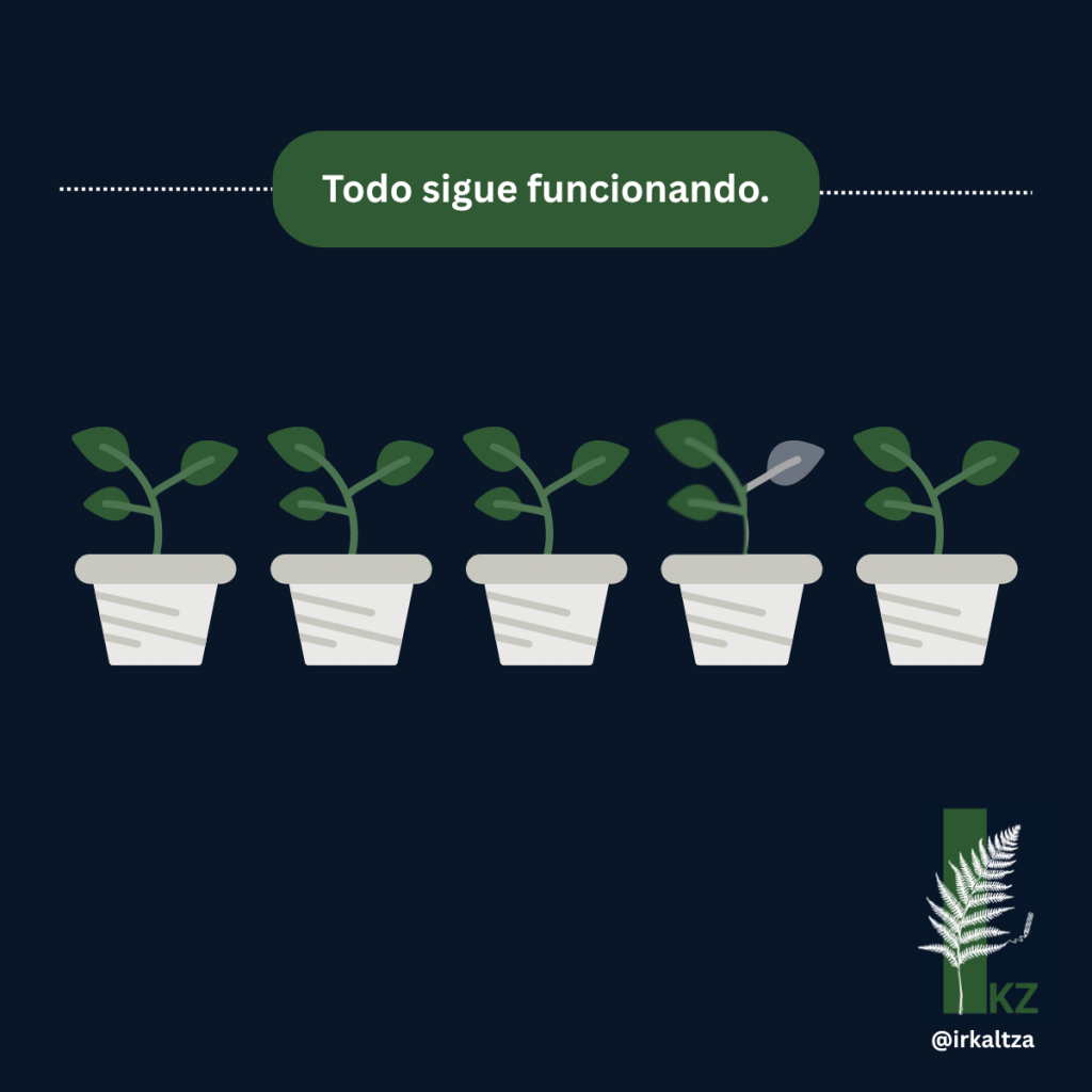 Macetas con distintos niveles de crecimiento representando las señales silenciosas de desconexión y pérdida de participación en los equipos.