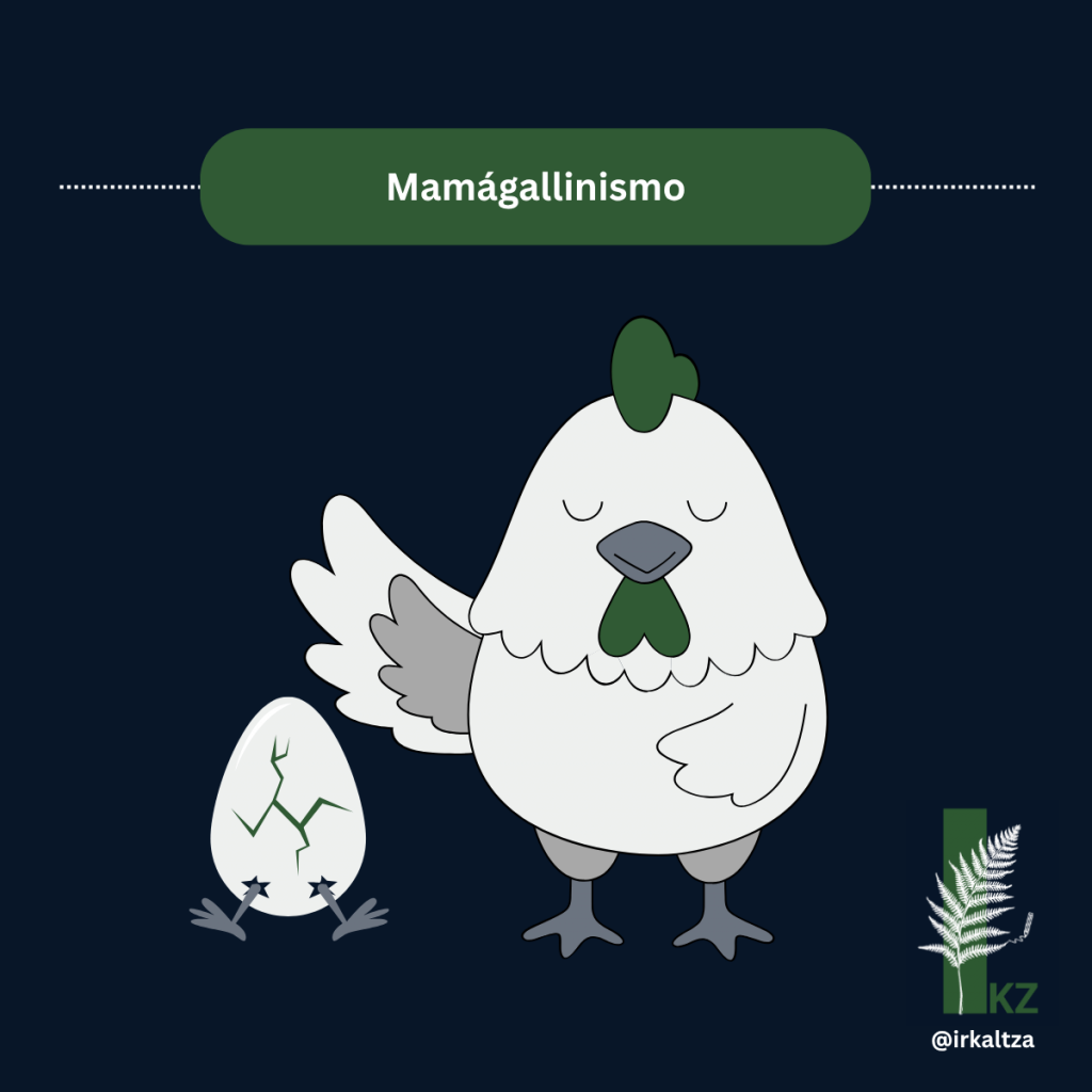 Una mamá gallina ayudando a que su polluelo salga de su caparazón. De ahí el término "mamagallinismo" refiriéndose a hacer cosas que otros pueden perfectamente hacer.