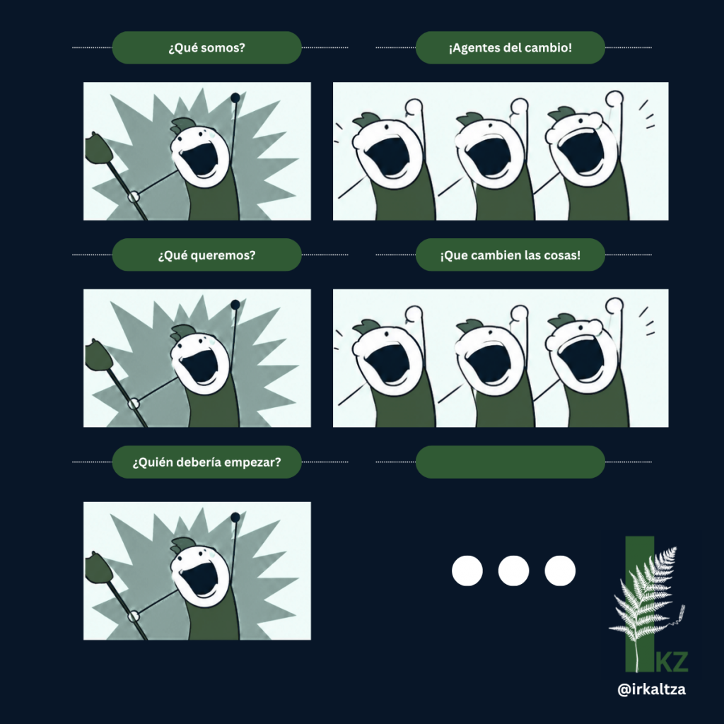 Ilustración humorística sobre el cambio organizacional que refleja la contradicción entre querer que las cosas cambien y posponer continuamente la acción.